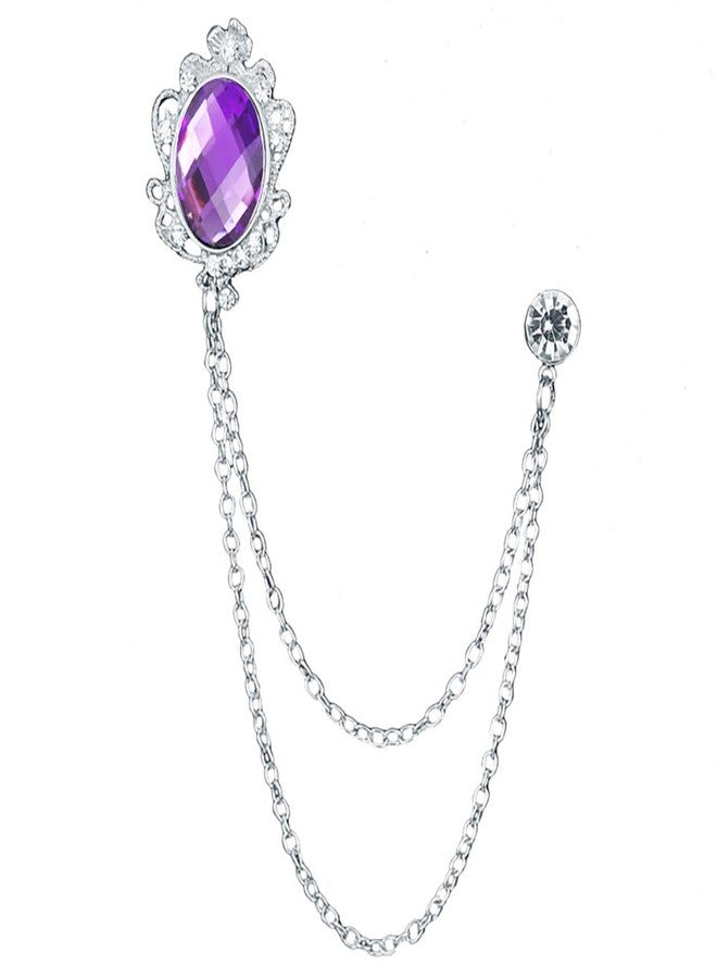 Vintage Gemstone Chain Brooch Pin Rhinestone Long Chain Tassel Suit Pin Zircon Oval Crystal Lapel Pin Jewelry for Women Men (Purple)